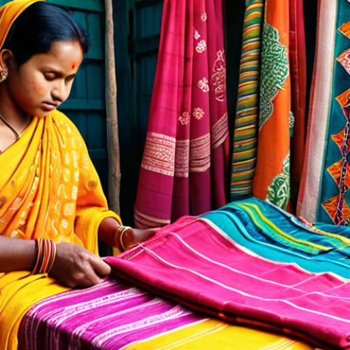 Home 19 **"Weaver woman in rural Bangladesh selling colorful sarees online, global marketplace, showcasing traditional textile art, cultural exchange."**