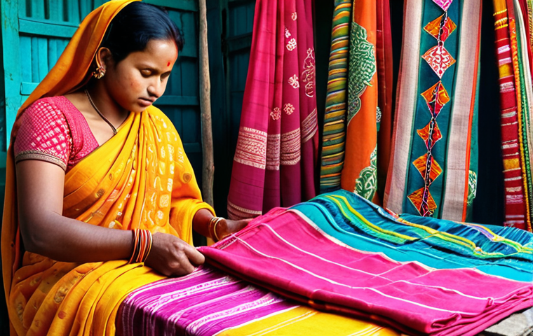 **"Weaver woman in rural Bangladesh selling colorful sarees online, global marketplace, showcasing traditional textile art, cultural exchange."**