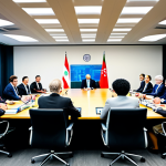 **

A diverse group of international delegates in professional attire, seated around a large conference table. The setting is a modern conference room with flags of various nations subtly displayed in the background. Documents and laptops are on the table. The atmosphere is one of collaboration and discussion. Fully clothed, appropriate attire, safe for work, perfect anatomy, natural proportions, professional, family-friendly.

**