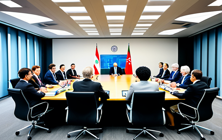 **

A diverse group of international delegates in professional attire, seated around a large conference table. The setting is a modern conference room with flags of various nations subtly displayed in the background. Documents and laptops are on the table. The atmosphere is one of collaboration and discussion. Fully clothed, appropriate attire, safe for work, perfect anatomy, natural proportions, professional, family-friendly.

**