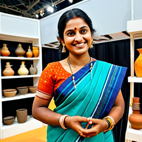 Home 8 Empowered Artisan**
"A Bengali woman artisan, around 30 years old, smiling confidently. She is showcasing her handcrafted pottery, displayed beautifully at a modern international trade fair booth. She is wearing a traditional yet stylish জামদানি saree. The background shows a diverse crowd of potential buyers and business partners. Bright, professional lighting, focus on the artisan's welcoming expression. Fully clothed, modest attire, safe for work, appropriate content, professional."
**