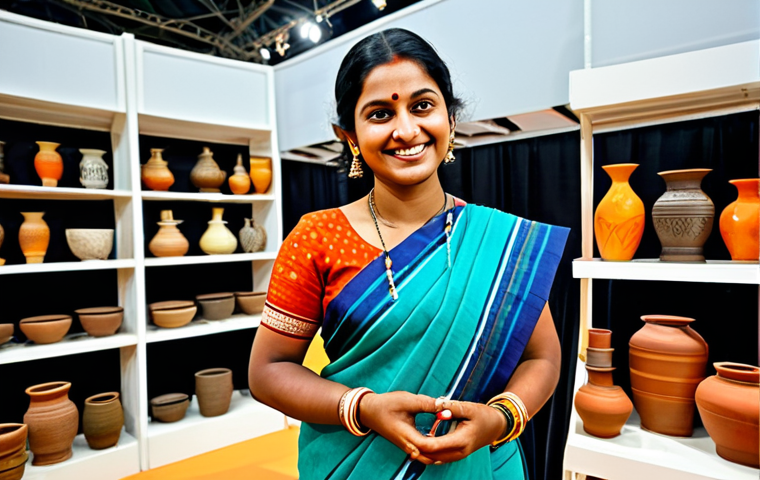 Empowered Artisan**

"A Bengali woman artisan, around 30 years old, smiling confidently. She is showcasing her handcrafted pottery, displayed beautifully at a modern international trade fair booth. She is wearing a traditional yet stylish জামদানি saree. The background shows a diverse crowd of potential buyers and business partners. Bright, professional lighting, focus on the artisan's welcoming expression. Fully clothed, modest attire, safe for work, appropriate content, professional."

**