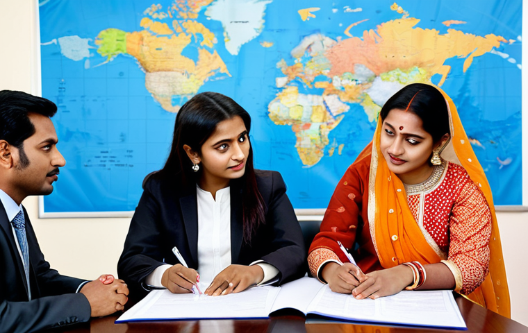International Contract Negotiation**

"A diverse group of business professionals, including a Bengali businesswoman in a modest salwar kameez, are seated around a conference table reviewing a legal contract, fully clothed, appropriate attire, safe for work. The background is a modern office with global maps and flags, suggesting international collaboration. Focus on the serious but collaborative expressions. The contract document has Bengali script visible. perfect anatomy, natural proportions, professional, modest, family-friendly, high quality, well-formed hands, proper finger count."

**