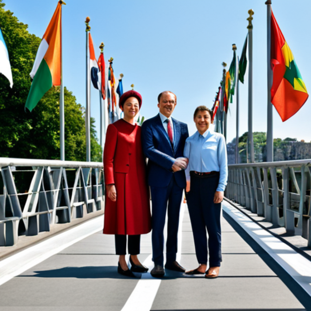 글로벌브릿지 기술 발전 동향 - **

"GlobalBridge connecting diverse people, modest attire, standing on a bridge with flags of the w...