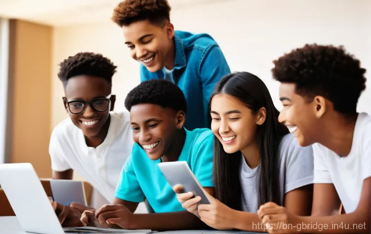 글로벌브릿지와 디지털 교육 - **Prompt:** A group of diverse young students, aged 16-25, from various ethnic backgrounds, are acti...