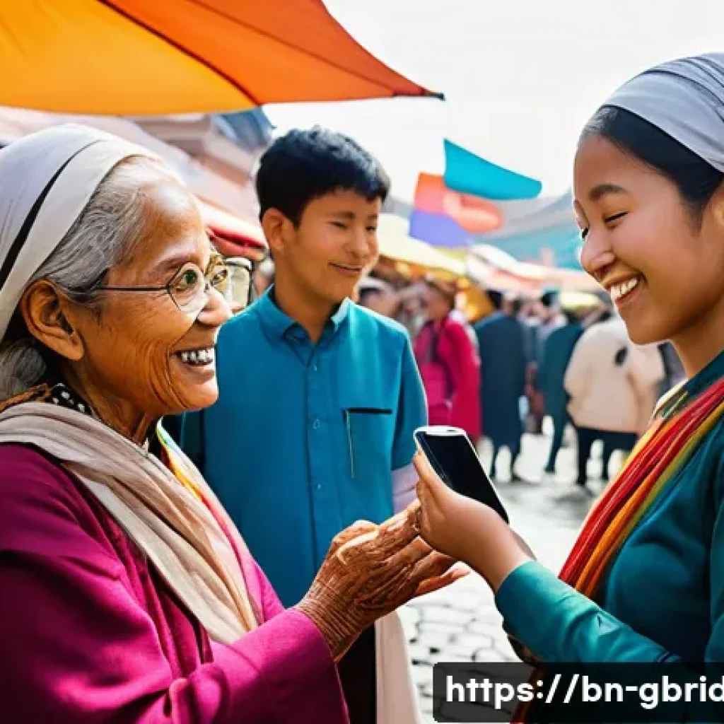 AI 기반 글로벌브릿지 - **Prompt:** A vibrant and inclusive scene depicting people from diverse backgrounds easily communica...