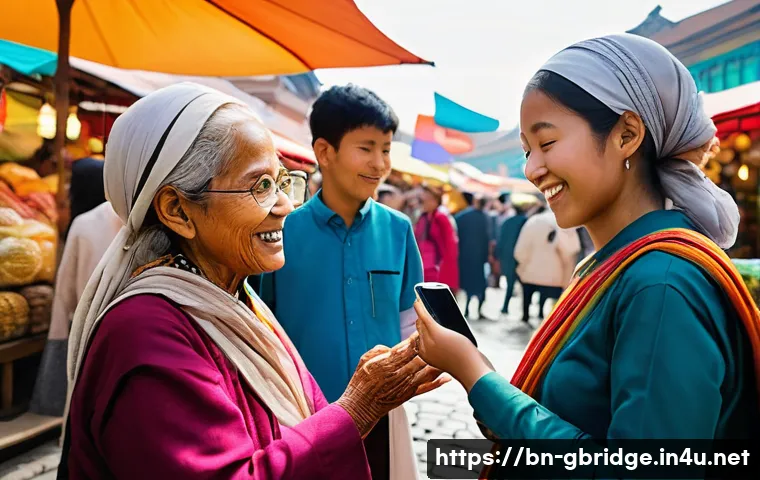 AI 기반 글로벌브릿지 - **Prompt:** A vibrant and inclusive scene depicting people from diverse backgrounds easily communica...