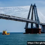 글로벌브릿지 구축 비용 - **Prompt:** A majestic, wide-angle shot of a grand suspension bridge under construction over a vast,...