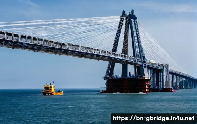 글로벌브릿지 구축 비용 - **Prompt:** A majestic, wide-angle shot of a grand suspension bridge under construction over a vast,...