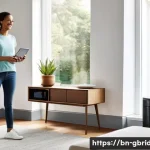 글로벌브릿지와 IoT 사물인터넷 - **Prompt:** A modern, sunlit smart home living room. A young adult, comfortably dressed in casual cl...