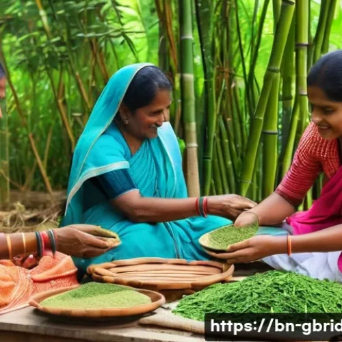 글로벌브릿지와 사회적 기업 - A vibrant local community workshop scene in rural Bangladesh, featuring diverse small business owner...