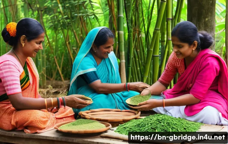 글로벌브릿지와 사회적 기업 - A vibrant local community workshop scene in rural Bangladesh, featuring diverse small business owner...