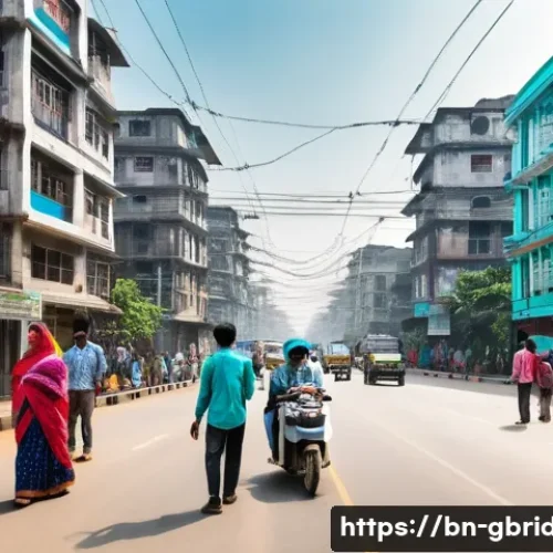 글로벌브릿지와 스마트시티 - A vibrant smart city scene in Bangladesh featuring integrated digital technology: bustling urban str...