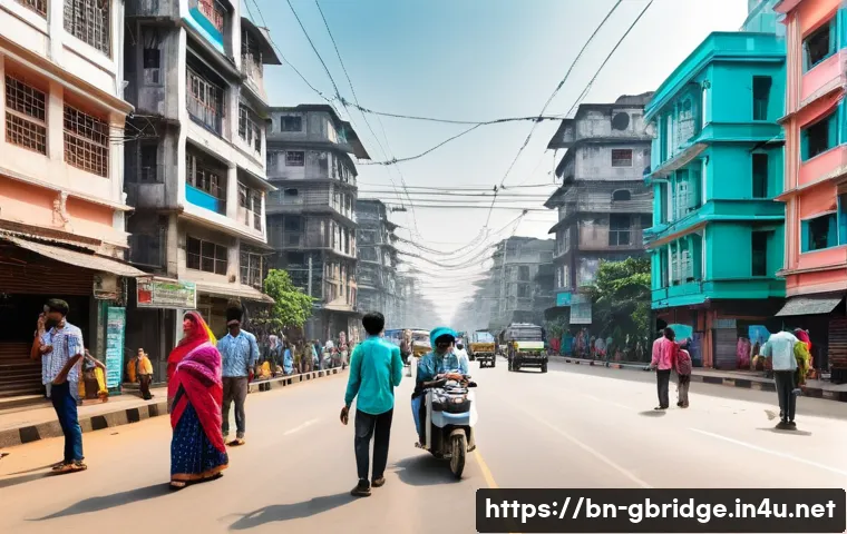 글로벌브릿지와 스마트시티 - A vibrant smart city scene in Bangladesh featuring integrated digital technology: bustling urban str...