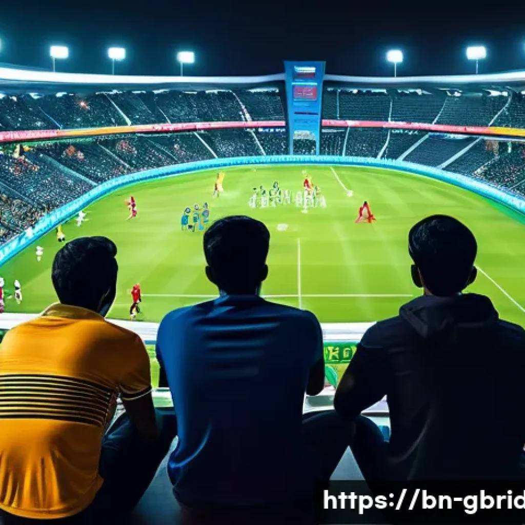 글로벌브릿지와 스포츠 산업 - A vibrant digital sports scene showing a diverse group of young Bengali fans watching a live cricket...