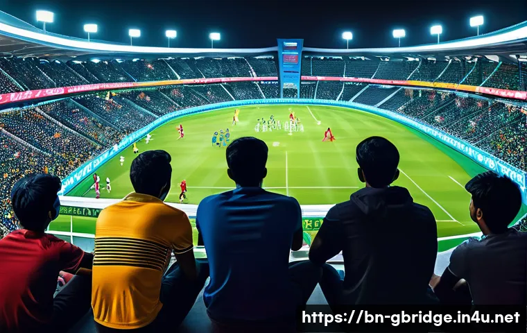 글로벌브릿지와 스포츠 산업 - A vibrant digital sports scene showing a diverse group of young Bengali fans watching a live cricket...