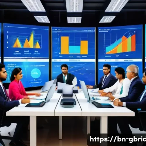 글로벌브릿지와 수출입 전략 - A detailed, professional business scene showing a diverse group of Bengali businessmen and businessw...