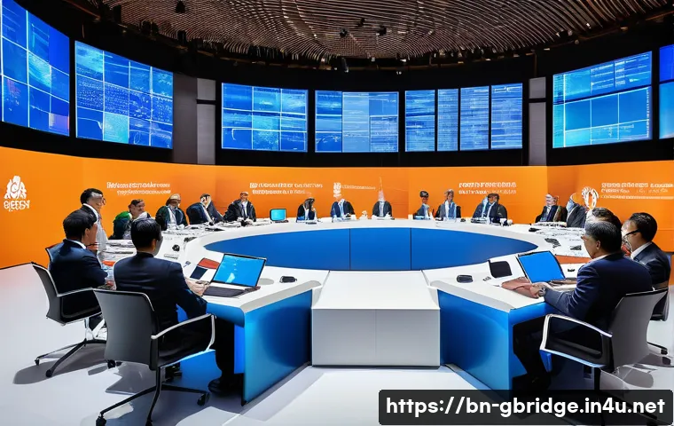 글로벌브릿지와 국제 경제 포럼 - A vibrant international economic forum scene featuring diverse business professionals and policymake...