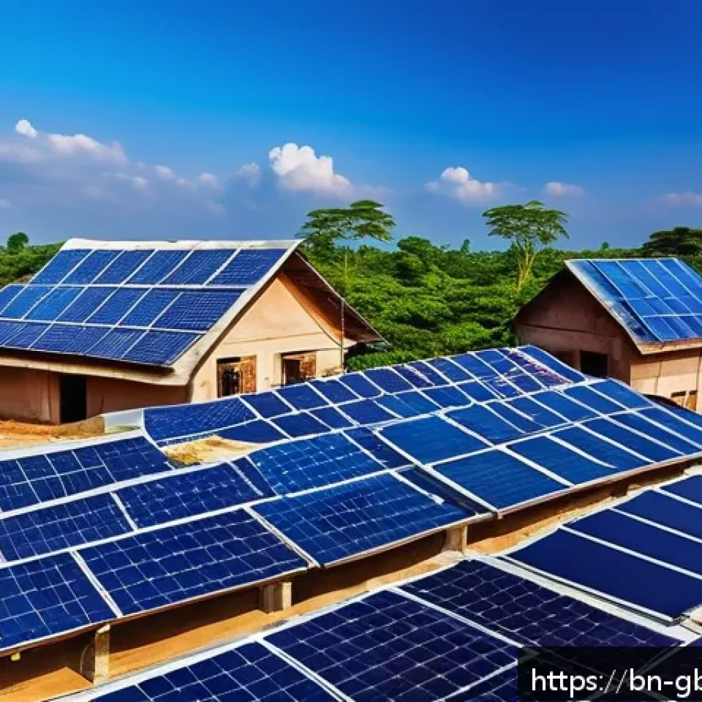 글로벌브릿지와 에너지 - A modern rooftop scene in a Bengali village featuring flexible and transparent solar panels installe...