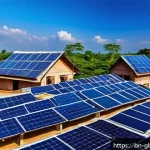 글로벌브릿지와 에너지 - A modern rooftop scene in a Bengali village featuring flexible and transparent solar panels installe...