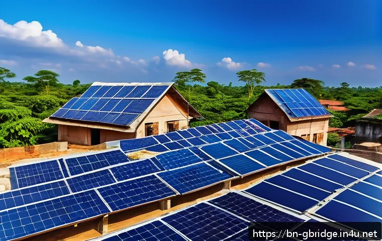 글로벌브릿지와 에너지 - A modern rooftop scene in a Bengali village featuring flexible and transparent solar panels installe...