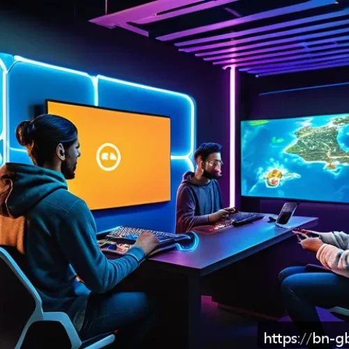 글로벌브릿지와 게임 산업 - A vibrant and dynamic gaming scene illustrating global connectivity: diverse gamers from different c...