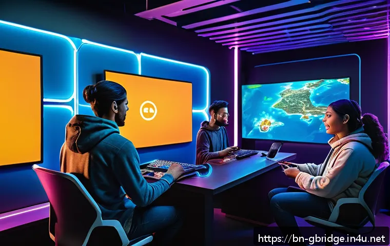 글로벌브릿지와 게임 산업 - A vibrant and dynamic gaming scene illustrating global connectivity: diverse gamers from different c...