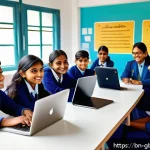 글로벌브릿지와 국제 개발 협력 - A vibrant digital classroom scene featuring diverse Bengali students engaged in an online e-learning...