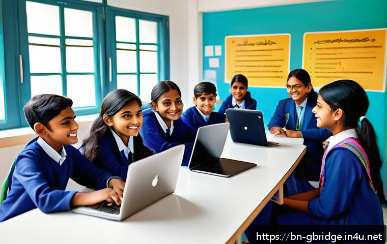 글로벌브릿지와 국제 개발 협력 - A vibrant digital classroom scene featuring diverse Bengali students engaged in an online e-learning...